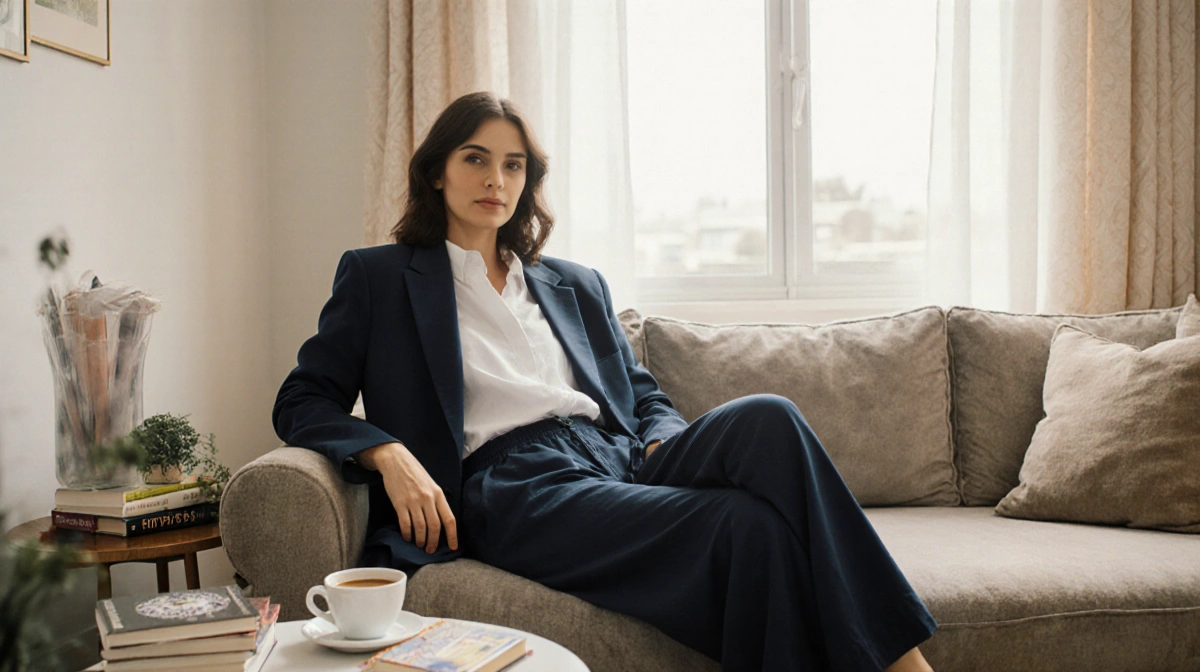 Woman relaxes on plush couch wearing wide-leg lounge pants with white blouse and blazer while coffee and books rest nearby