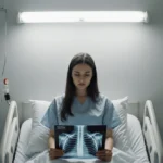 Woman sits with medical chart showing spine and bone spurs with white hospital walls behind