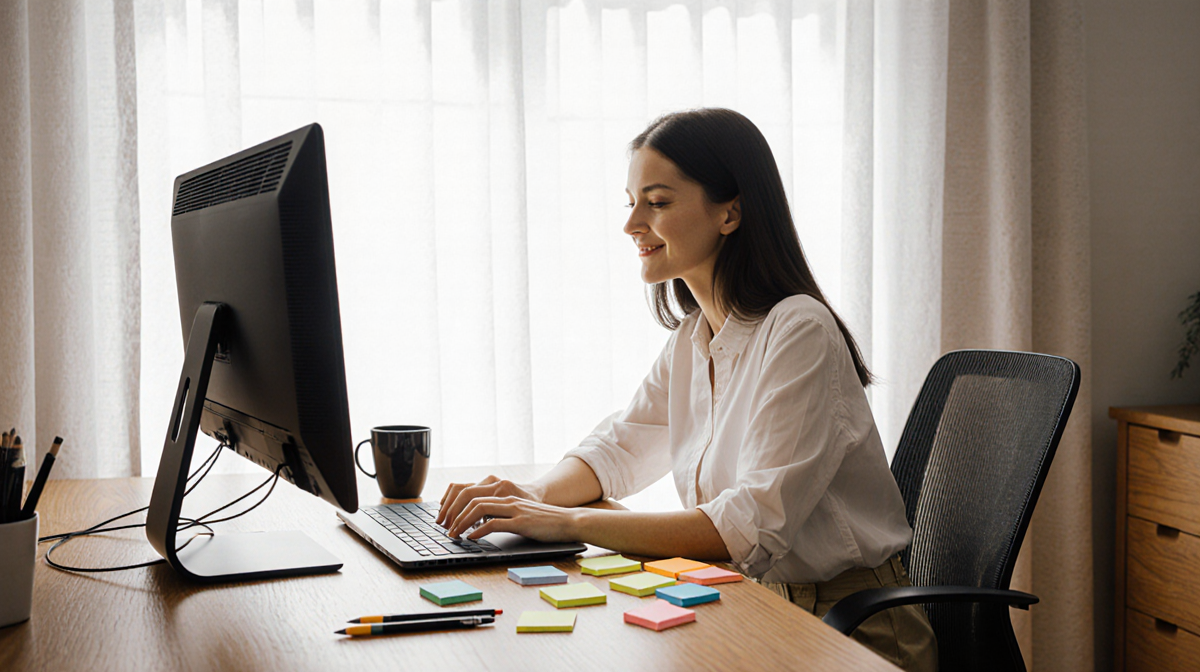 Woman sitting at minimalist desk working on laptop with natural light pouring in and coffee beside her