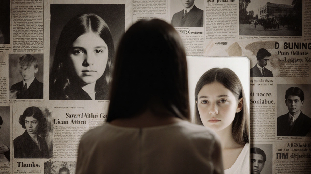 Woman gazes into mirror with blurred teenage reflection and vintage photos covering wall