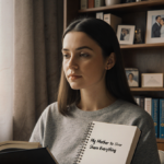 Woman sitting with journal on lap surrounded by medical texts and candles with warm light in background