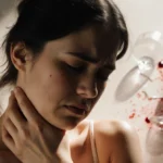 Young woman touching her neck with worry while shattered wine glass lies on floor behind her
