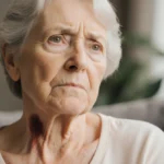 Woman sits peacefully with gentle concern and faint bruise on neck showing mini stroke recovery