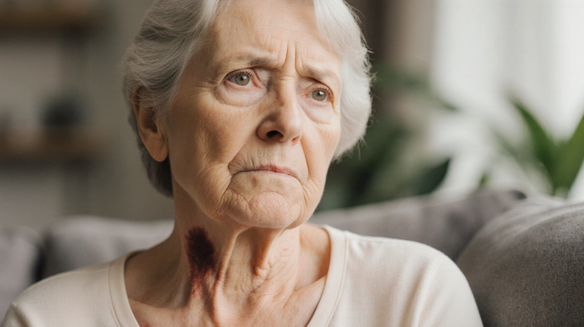 Woman sits peacefully with gentle concern and faint bruise on neck showing mini stroke recovery