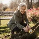 Woman kneels by garden bench and touches restored wedding ring with winter flowers and tree roots nearby