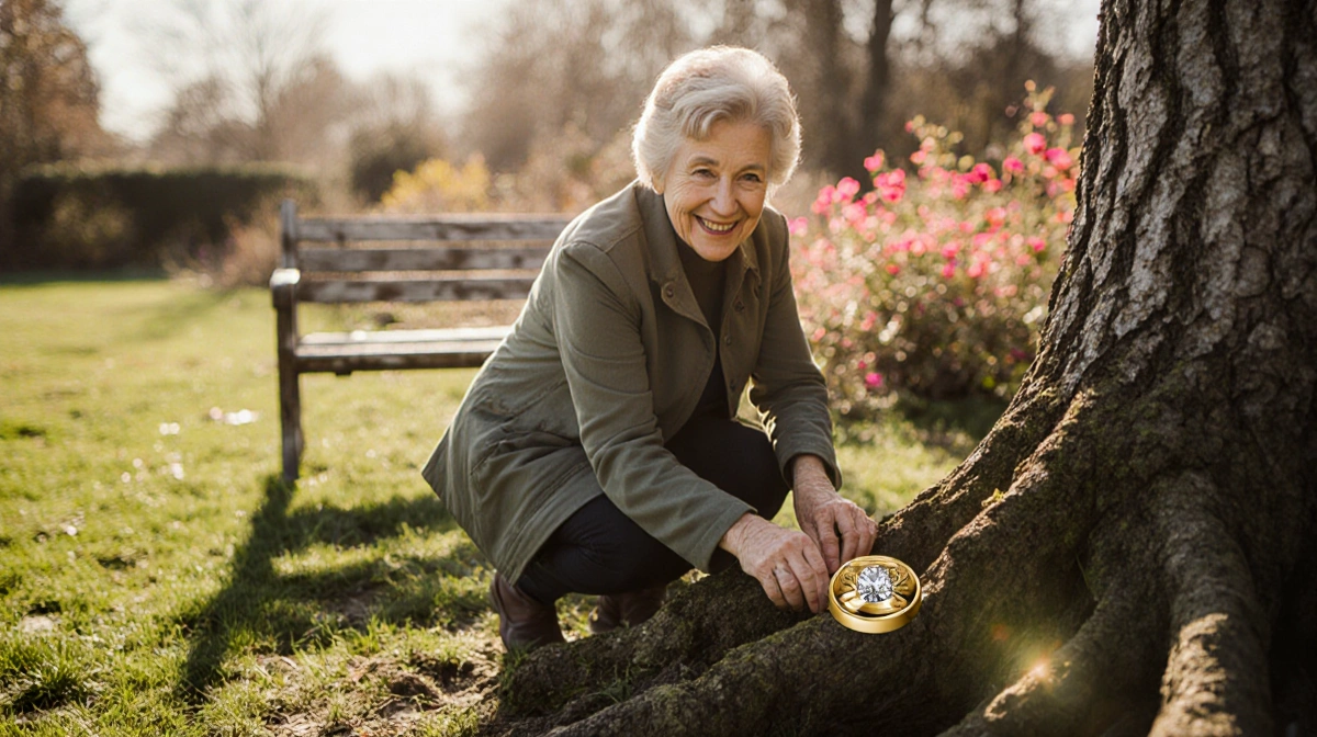 Woman kneels by garden bench and touches restored wedding ring with winter flowers and tree roots nearby