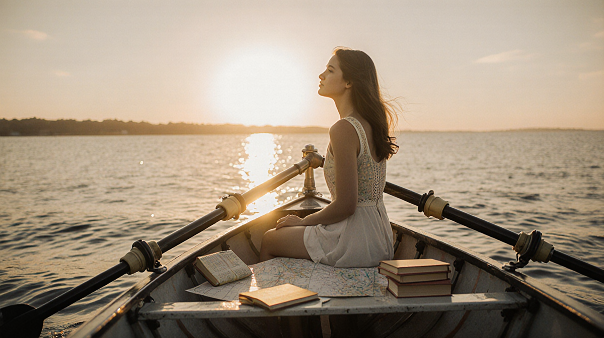 Young woman rowing on boat gazing at horizon with sunset light and scattered books hinting at adventure