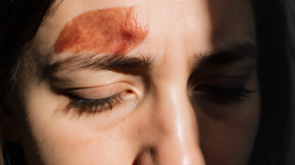 Woman gazes downward with surgical scar above eye showing vulnerability and emotional distress with soft side lighting