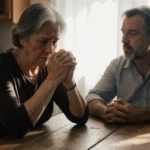 Middle-aged woman staring down at clasped hands with blood-stained husband sitting across worn kitchen table