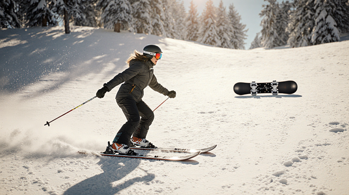 Woman skiing down slope looking back at board in shock with arms and skis gliding behind warm light