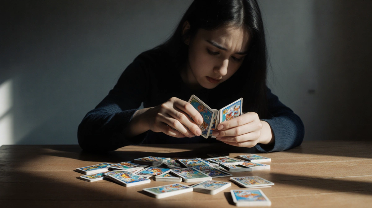 Woman clutches stolen sports cards with head bowed in regret and cards scattered on wooden table