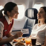 Flight attendant kneels beside passenger with handwritten note and food tray showing warm cabin lighting