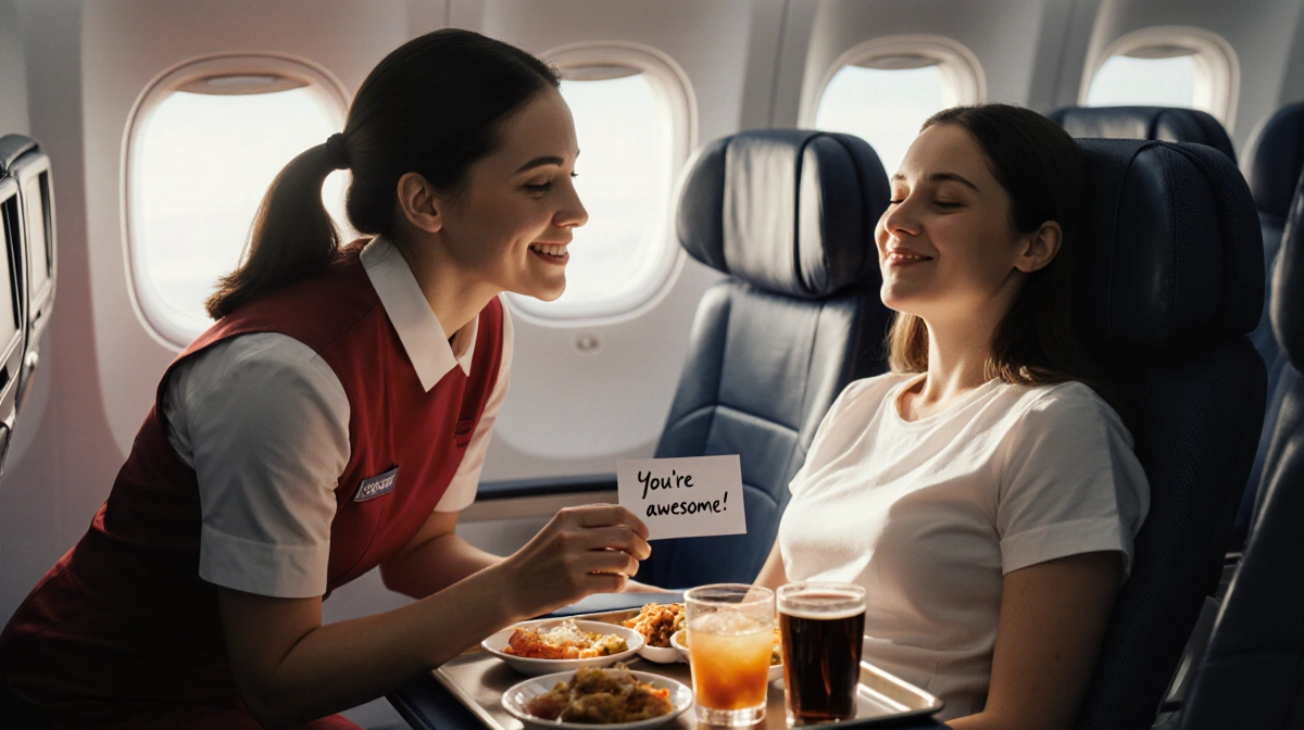 Flight attendant kneels beside passenger with handwritten note and food tray showing warm cabin lighting