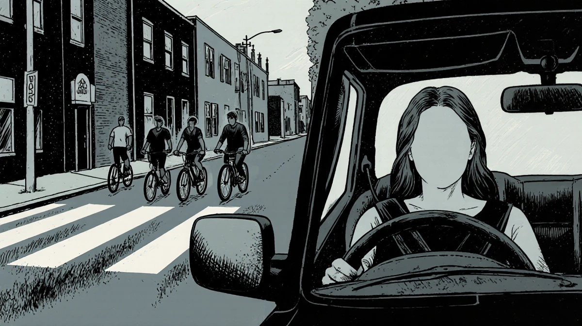 SUV stops in alley with woman driving behind mirror pedestrians crossing background on Ingraham Street