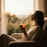 Woman sips tea with plants and golden sunset light through window showing peaceful moment