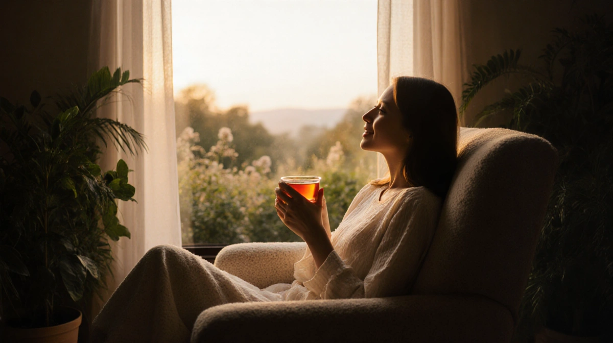 Woman sips tea with plants and golden sunset light through window showing peaceful moment