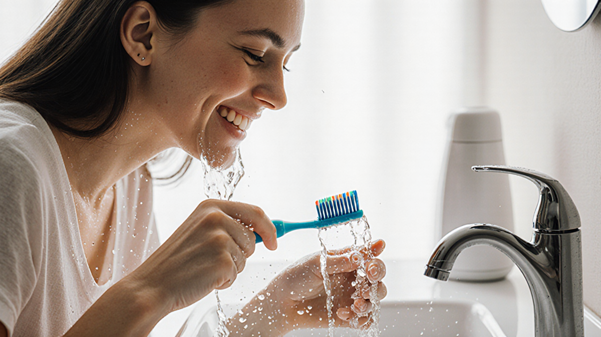 Young woman rinsing toothbrush with faucet off and soap dispenser droplets in natural light