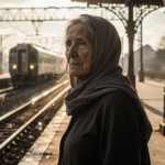 Woman standing at train station platform with worn benches and old tracks and golden light casting long shadows