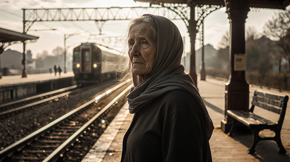 Woman standing at train station platform with worn benches and old tracks and golden light casting long shadows