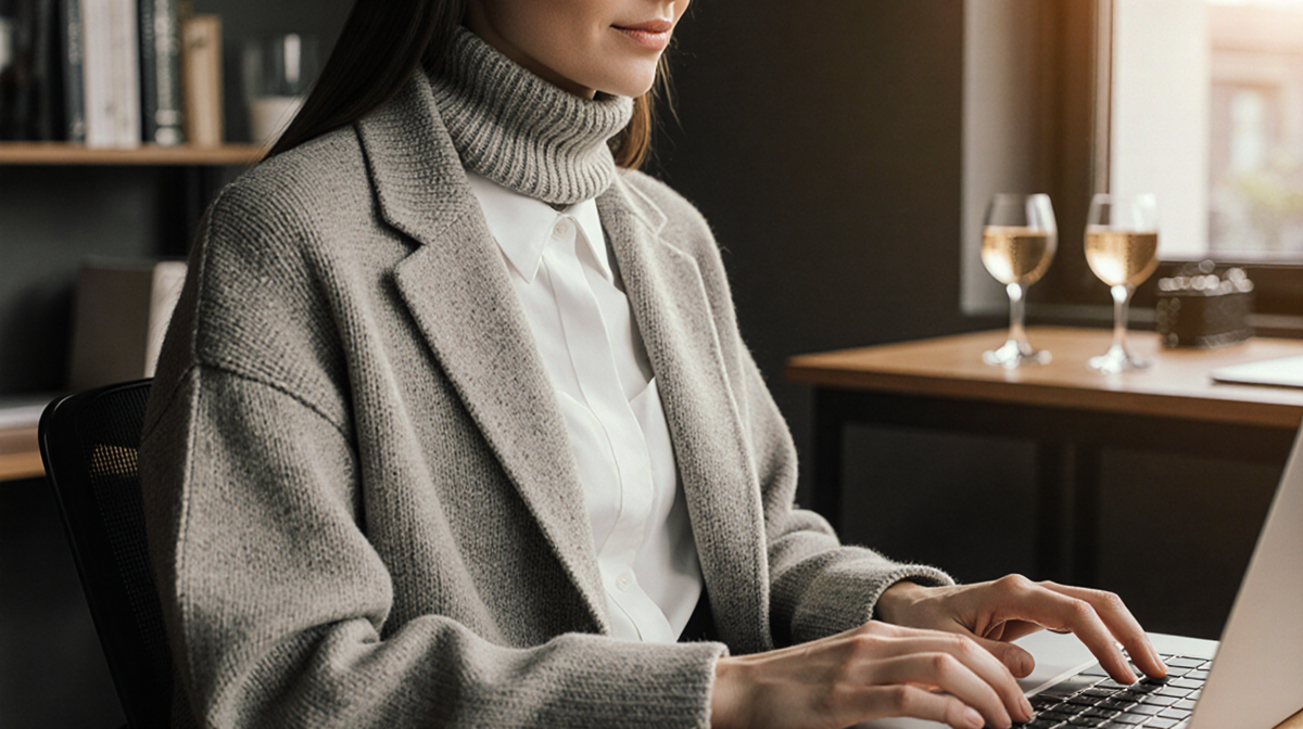 Woman typing on laptop with oversized turtleneck sweater draped over shoulders and warm lighting highlighting office comfort