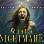 Young woman submerged in blue water with flowing hair and shocked face amid swirling nightmare vortex