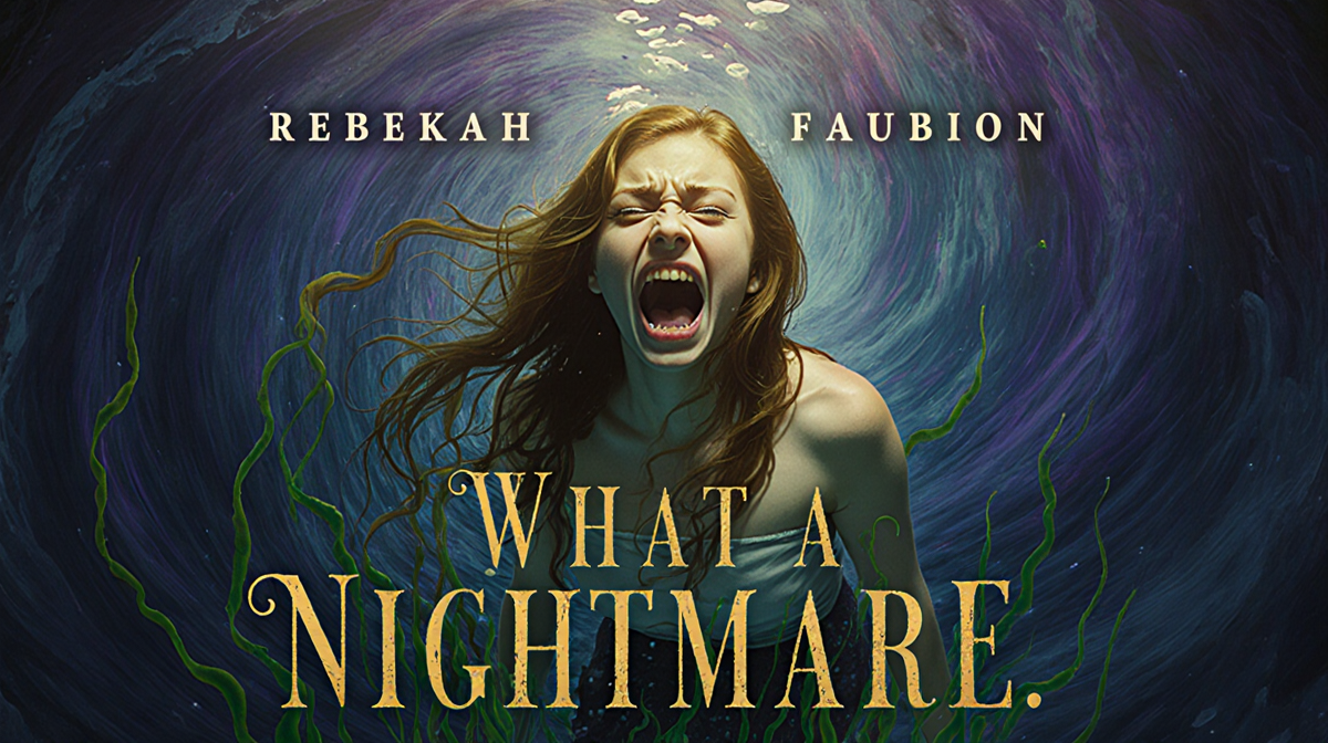 Young woman submerged in blue water with flowing hair and shocked face amid swirling nightmare vortex