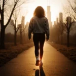 Woman walking alone into darkness with golden light illuminating her figure and Chicago skyline behind her
