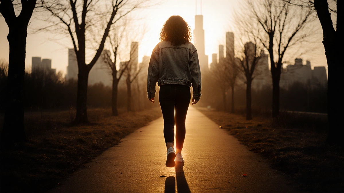 Woman walking alone into darkness with golden light illuminating her figure and Chicago skyline behind her
