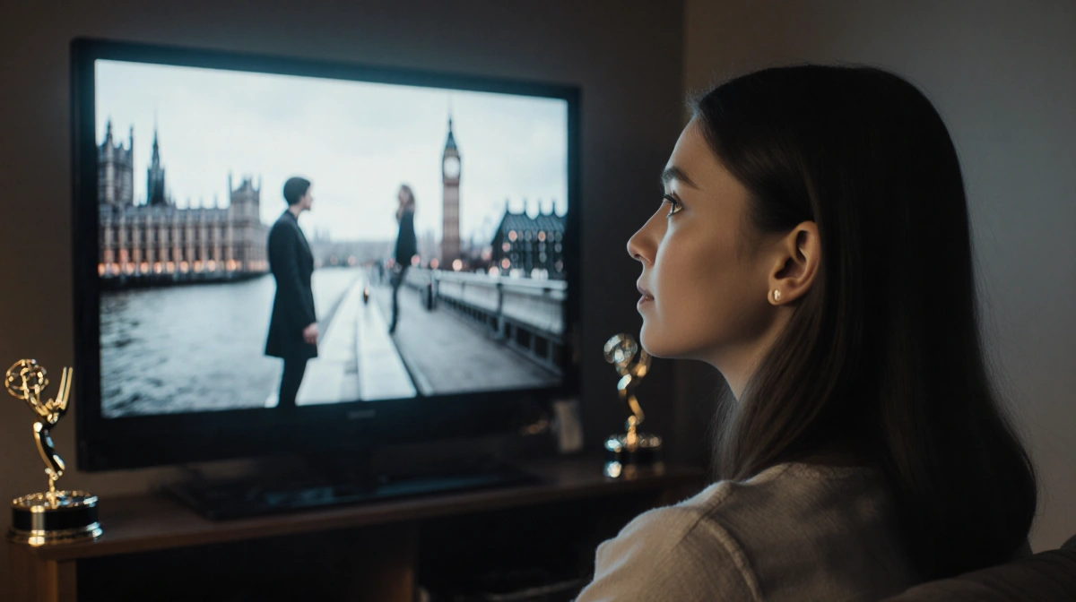 Young woman watching television with nostalgic expression and Emmy awards on shelf behind her
