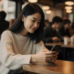 Young woman scrolling romantic short videos on phone with warm coffee shop lighting and gentle smile