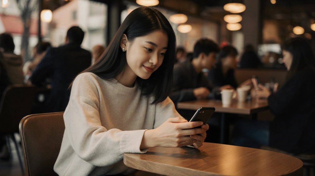 Young woman scrolling romantic short videos on phone with warm coffee shop lighting and gentle smile