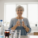 Middle‑aged woman smiling while holding a glass of water with a counter promoting Dry January and healthy lifestyle