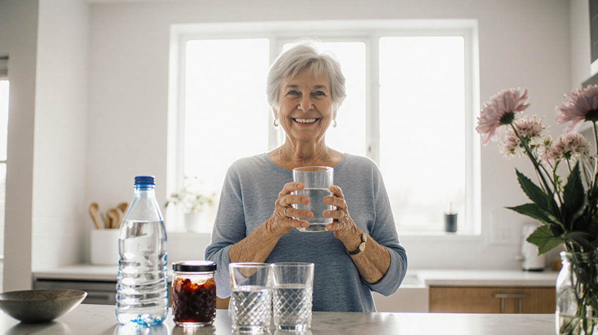 Middle‑aged woman smiling while holding a glass of water with a counter promoting Dry January and healthy lifestyle
