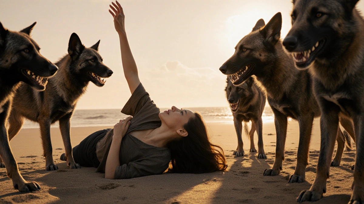 Young woman lying on beach at dawn with wild dogs circling and sharp teeth visible in golden light
