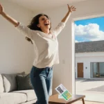 Woman jumping with joy holding winning scratch-off ticket with new living room furniture and bright sky visible through doorw