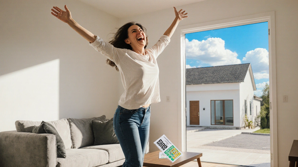 Woman jumping with joy holding winning scratch-off ticket with new living room furniture and bright sky visible through doorw