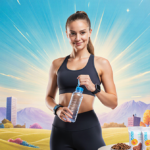 Woman standing post-workout holding fitness tracker and water bottle with bright colorful backdrop and healthy snacks nearby