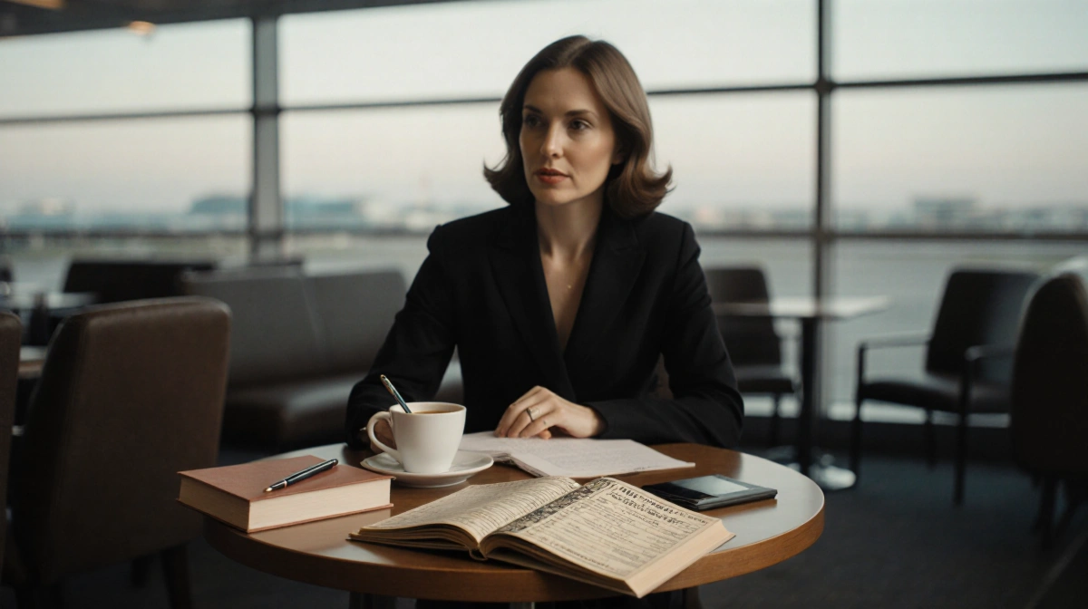Woman writing in airport lounge with coffee and vintage airplane ticket on table