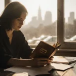 Woman writing at desk with leather book titled Crash Into Me and city view through window