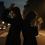 Two women shielding themselves with arms raised and hands covering face near moody street corner at dusk