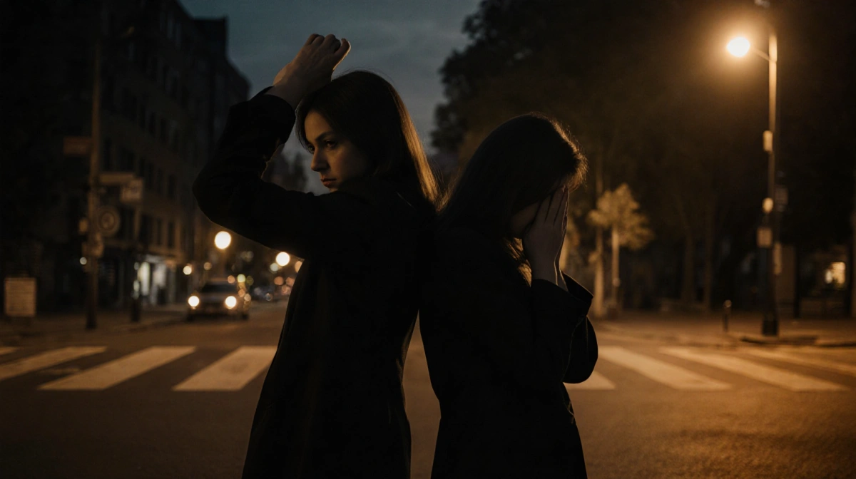 Two women shielding themselves with arms raised and hands covering face near moody street corner at dusk