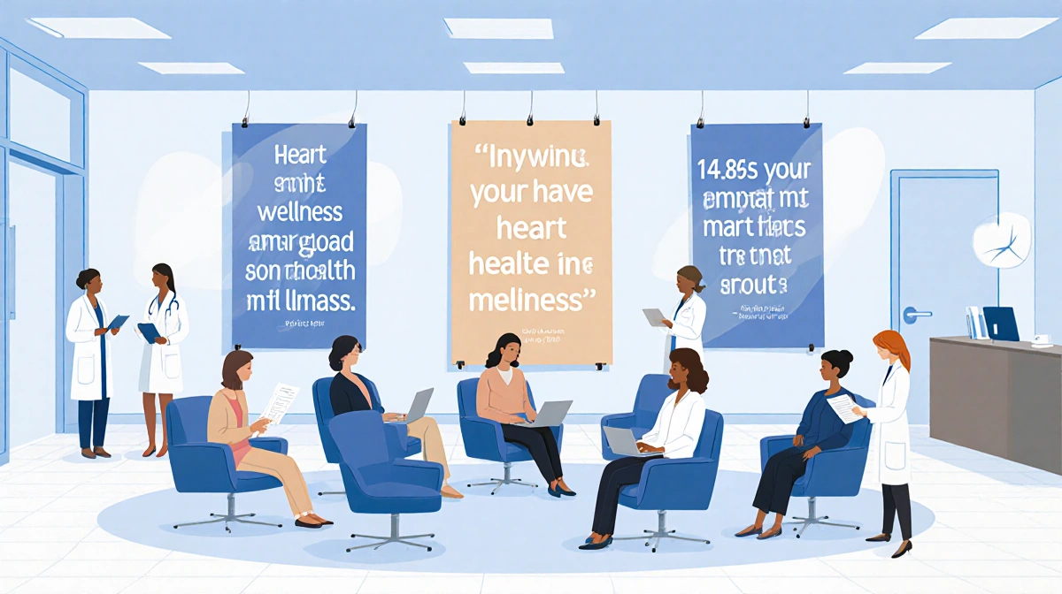 Women 40+ sit in a circular waiting room with light blue and beige walls and inspirational heart health banners.