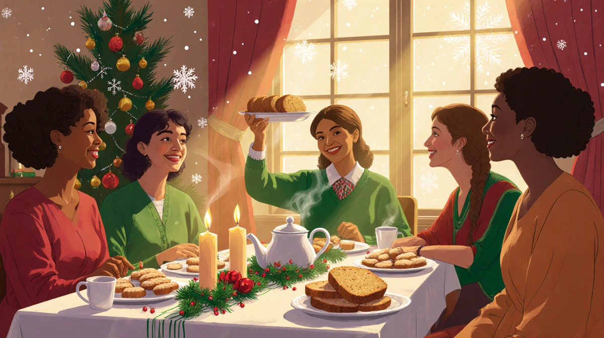 Woman holding freshly baked Irish soda bread with friends smiling around candle-lit table in snowy winter scene