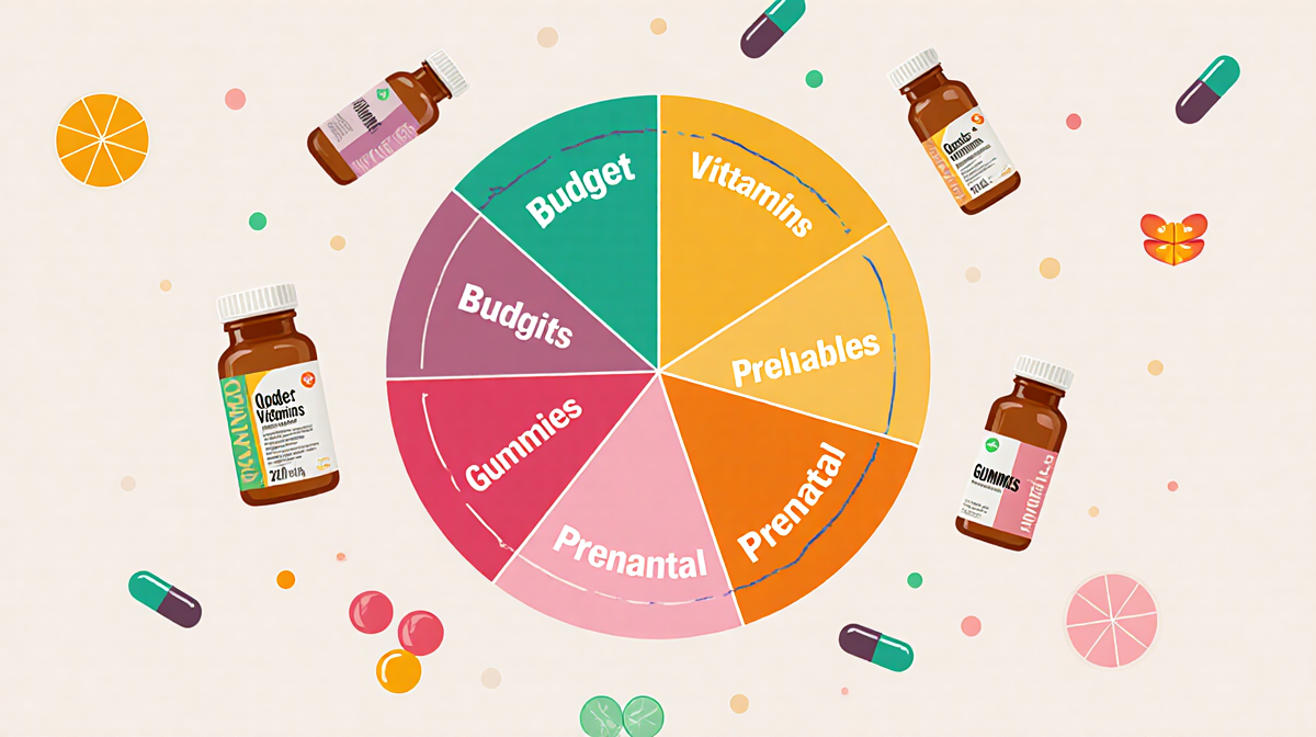 Colorful pie chart showing eight women's multivitamin categories with pastel slices and subtle vitamin bottle icons
