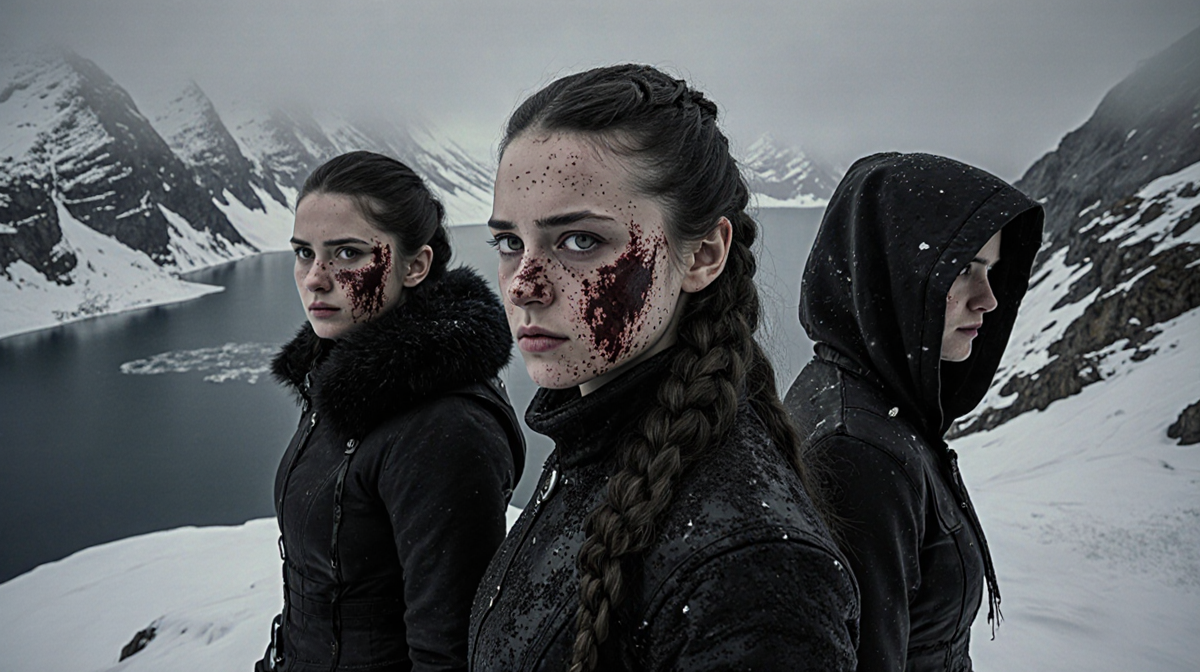 Three women stand on snowy peak with one determined gaze and another bloodied while misty frozen lake stretches behind them