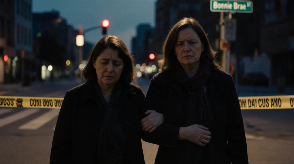 Two women walking toward each other on a street with tape one holding her arm in pain and looking concerned Bonnie Brae.
