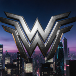 Metallic WONDER MAN logo glowing with neon skyscrapers and deep blue-purple gradient background