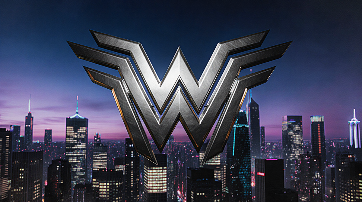 Metallic WONDER MAN logo glowing with neon skyscrapers and deep blue-purple gradient background