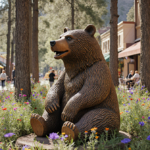 Wooden bear statue standing amid wildflowers and greenery with light filtering through trees and distant town shops.