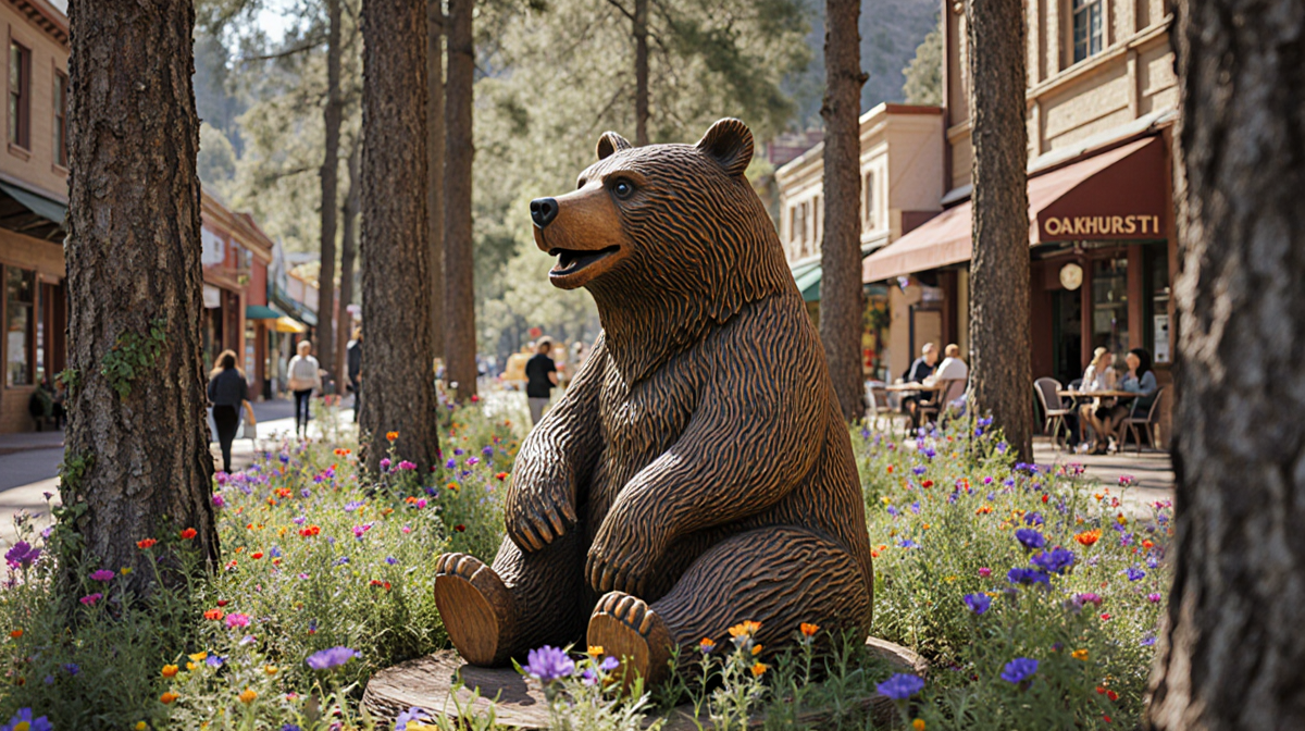 Wooden bear statue standing amid wildflowers and greenery with light filtering through trees and distant town shops.